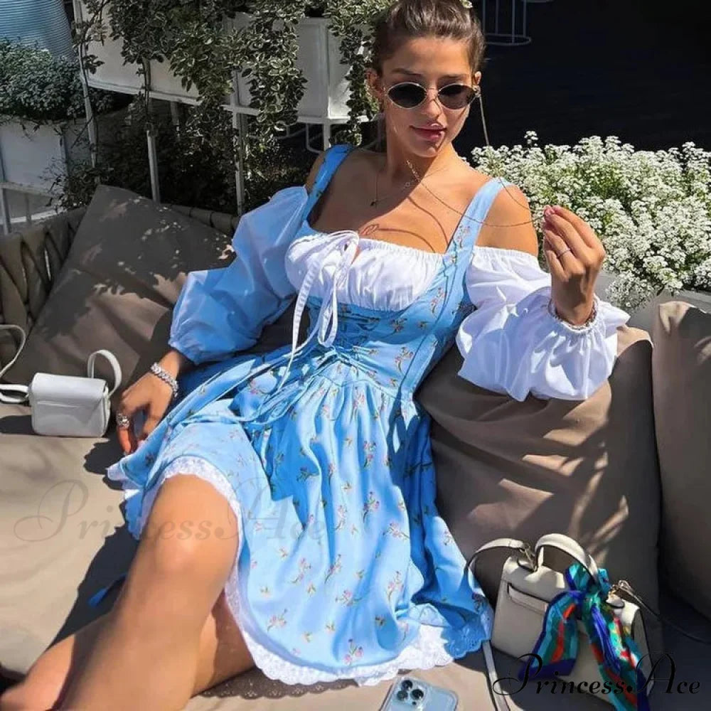 Printed Off-shoulder Lantern Charming Sleeve Flare Mini Dress