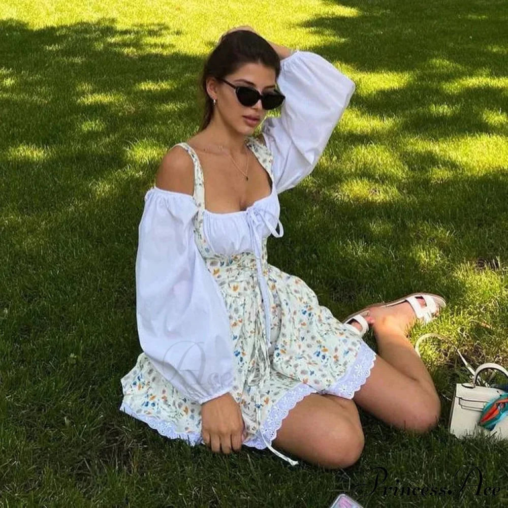 Printed Off-shoulder Lantern Charming Sleeve Flare Mini Dress