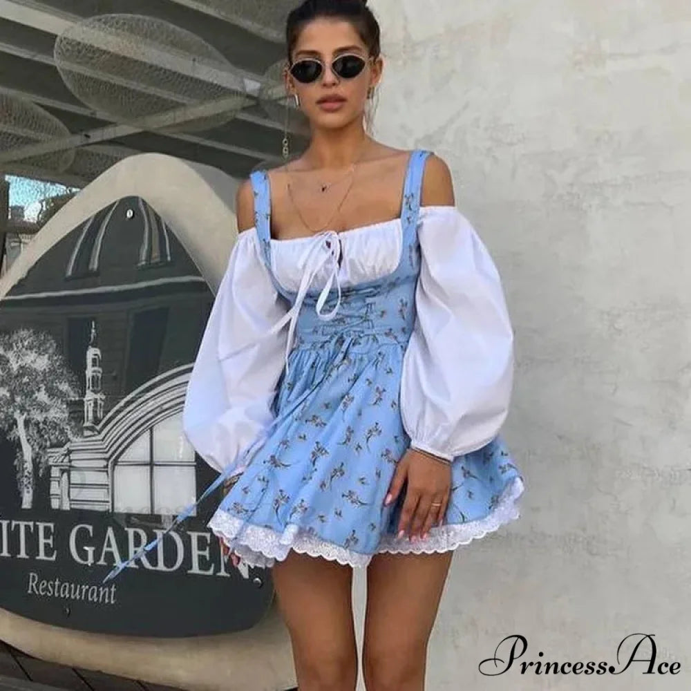 Printed Off-shoulder Lantern Charming Sleeve Flare Mini Dress