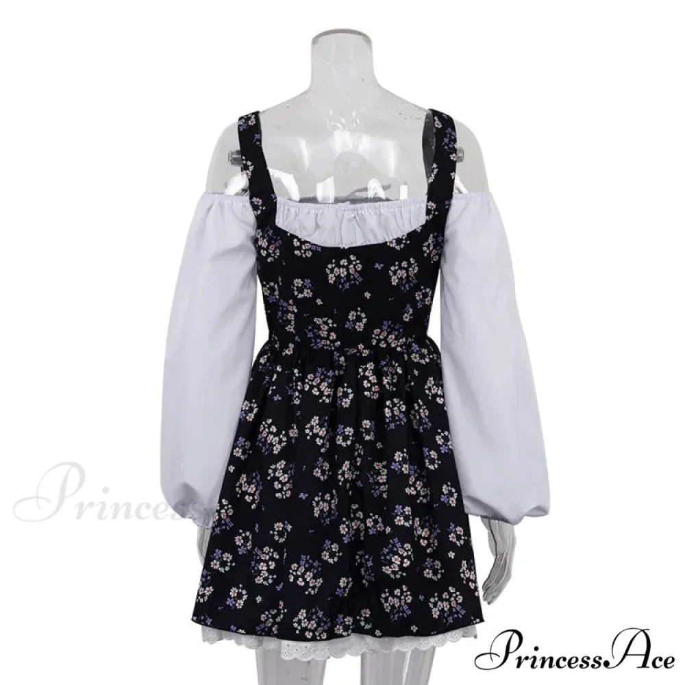 Printed Off-shoulder Lantern Charming Sleeve Flare Mini Dress