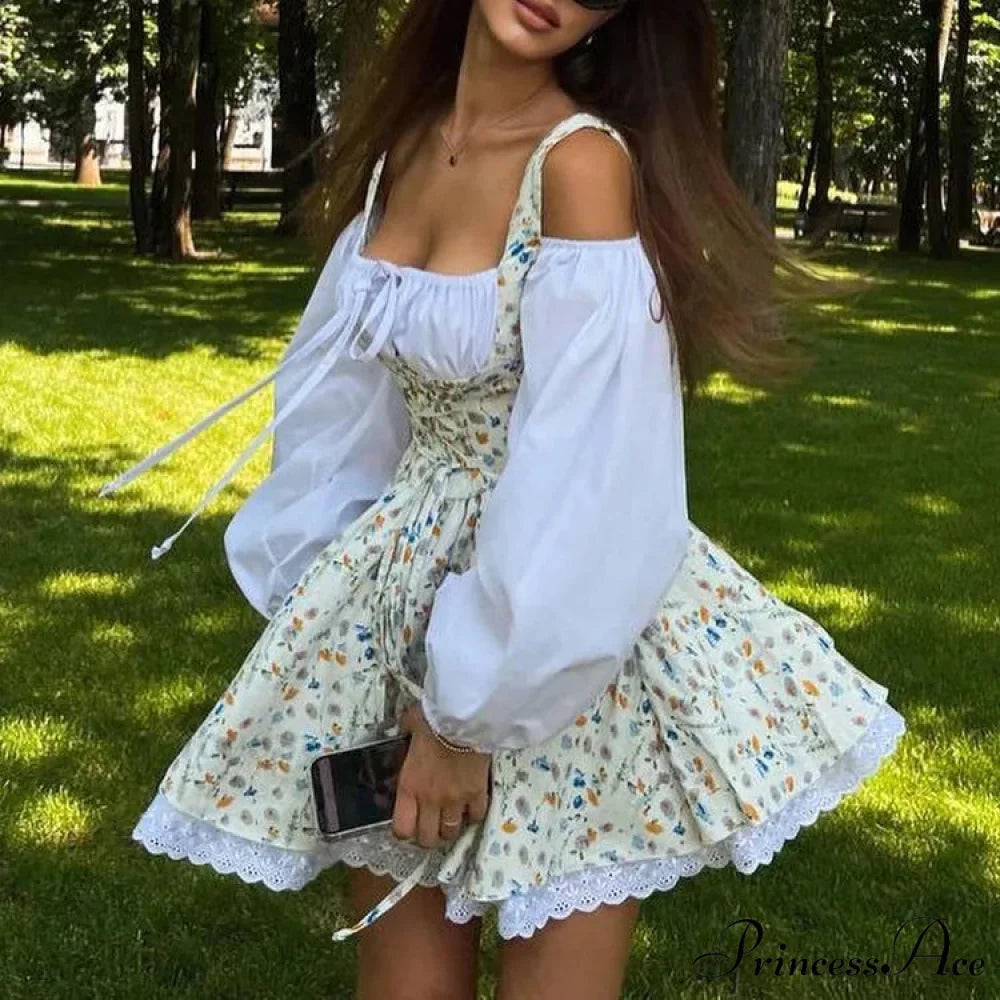 Printed Off-shoulder Lantern Charming Sleeve Flare Mini Dress