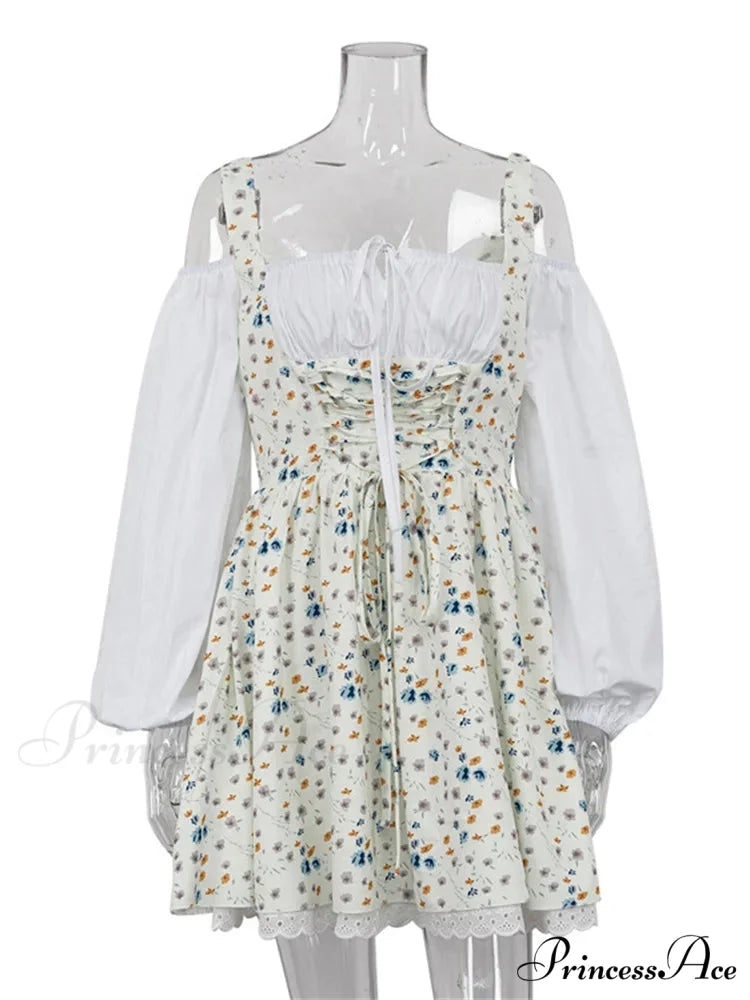 Printed Off-shoulder Lantern Charming Sleeve Flare Mini Dress