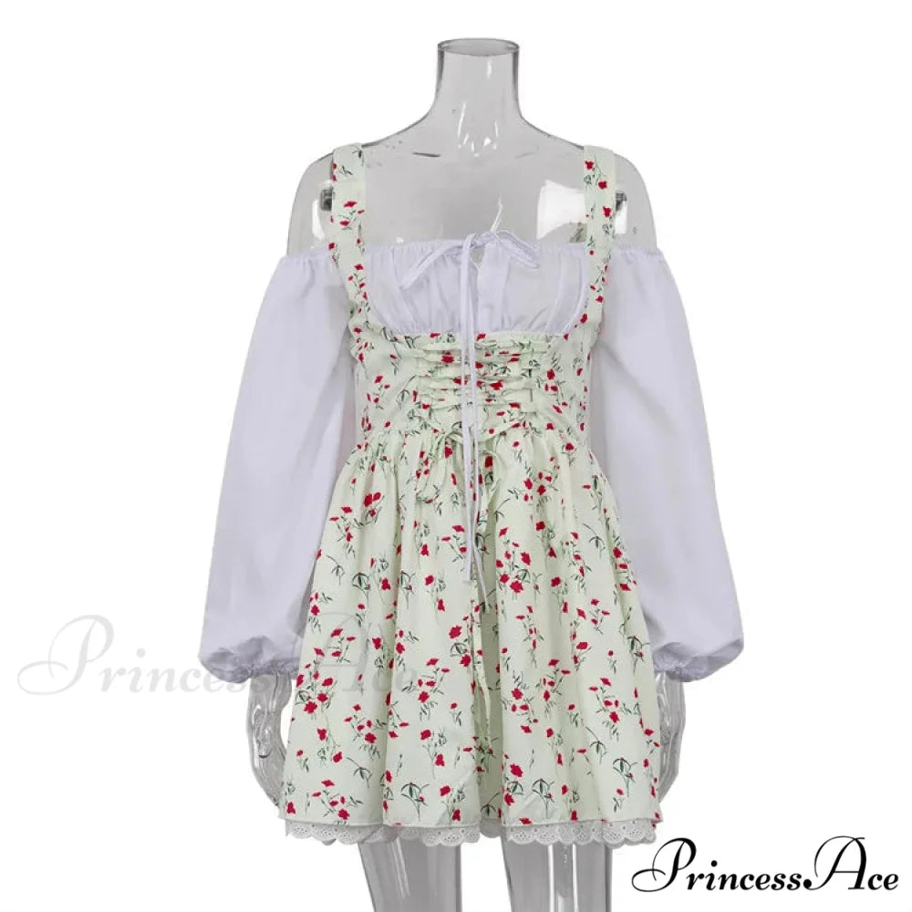 Printed Off-shoulder Lantern Charming Sleeve Flare Mini Dress