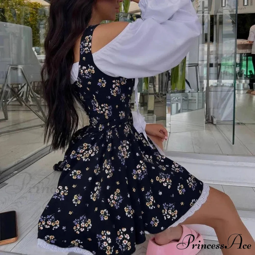 Printed Off-shoulder Lantern Charming Sleeve Flare Mini Dress