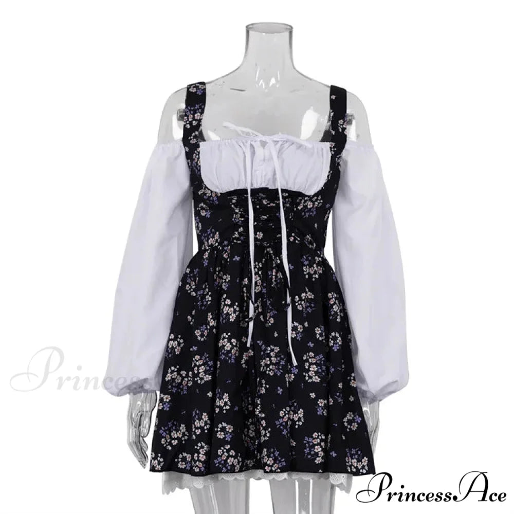 Printed Off-shoulder Lantern Charming Sleeve Flare Mini Dress