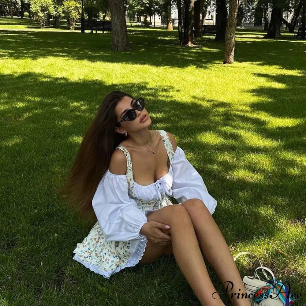 Printed Off-shoulder Lantern Charming Sleeve Flare Mini Dress