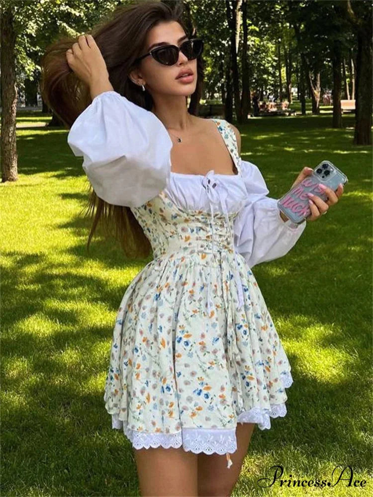 Printed Off-shoulder Lantern Charming Sleeve Flare Mini Dress