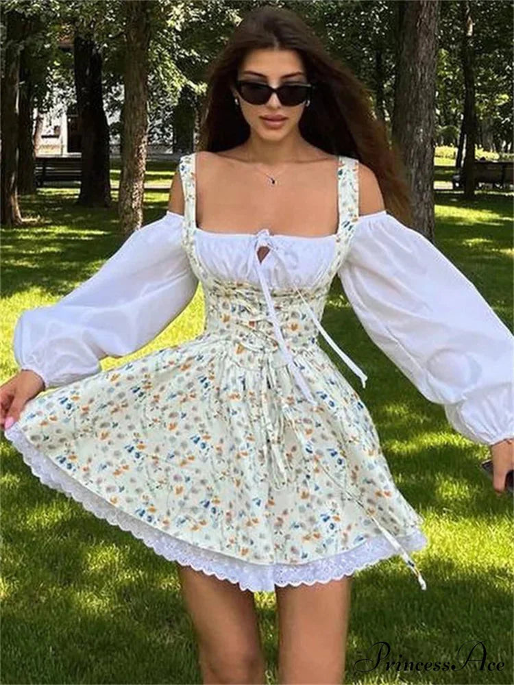 Printed Off-shoulder Lantern Charming Sleeve Flare Mini Dress Beige / M
