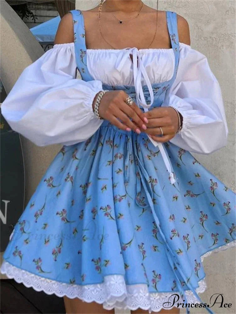 Printed Off-shoulder Lantern Charming Sleeve Flare Mini Dress Blue / M