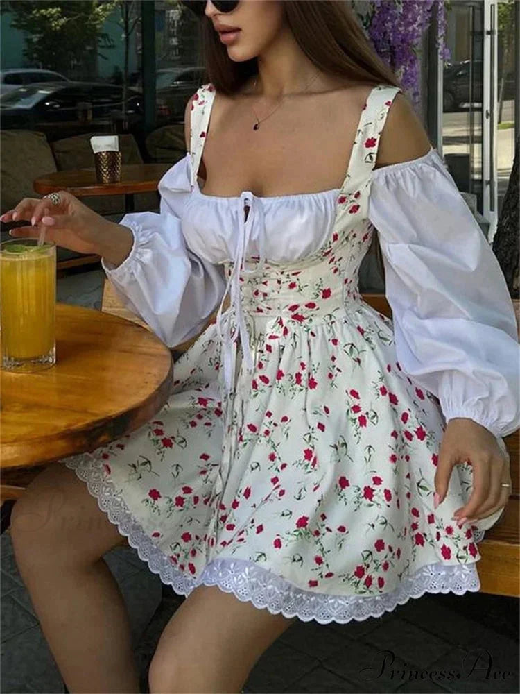 Printed Off-shoulder Lantern Charming Sleeve Flare Mini Dress Red / M