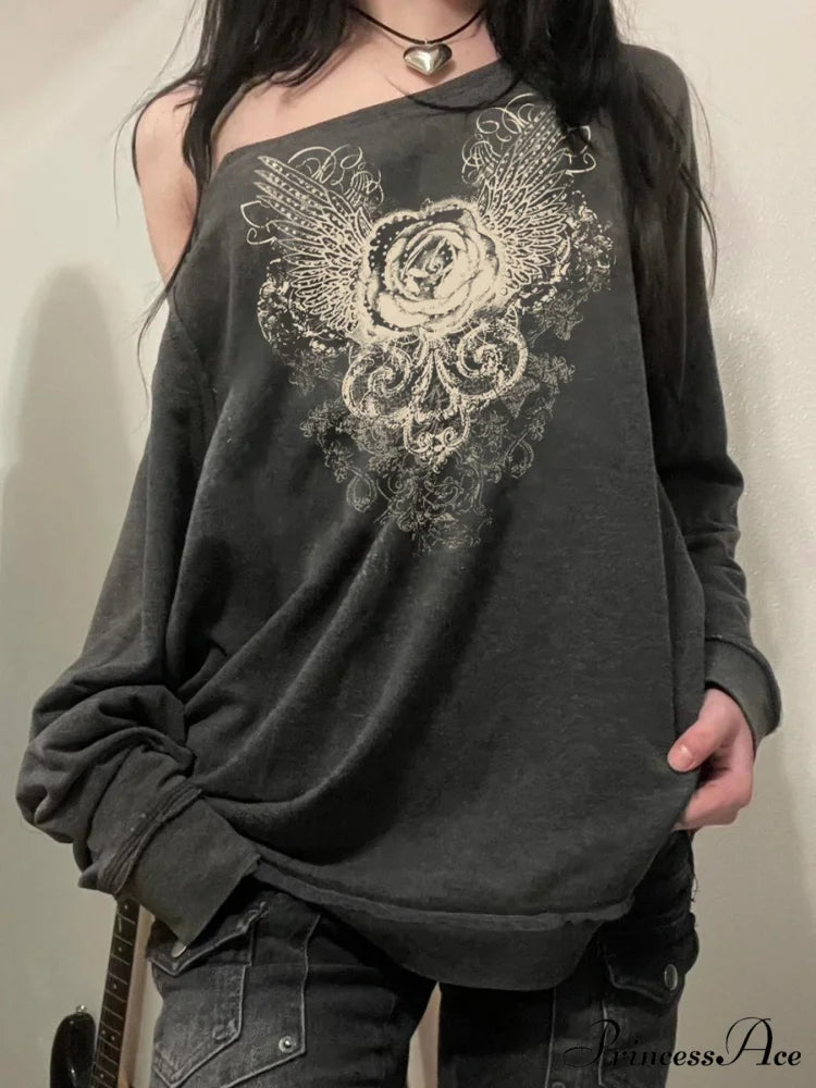 Printed Off-Shoulder Sweater Retro Baggy Long Sleeve Jumper GRAY / S knittop-250126