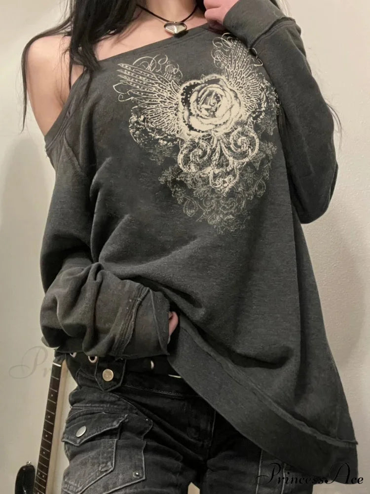 Printed Off-Shoulder Sweater Retro Baggy Long Sleeve Jumper knittop-250126