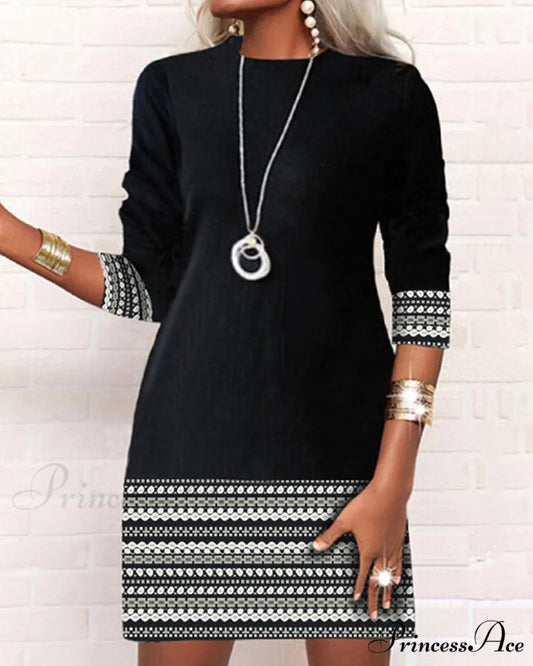 Printed Patchwork Casual Dress Black / S