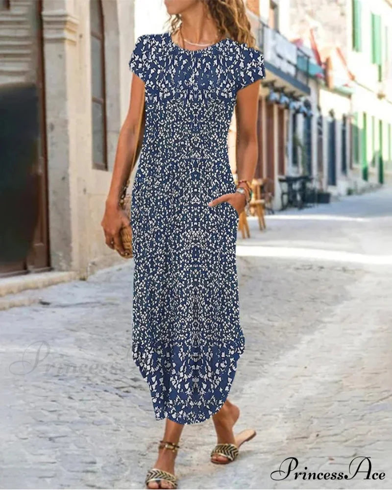 Printed Round Neck Dress Navy blue / S