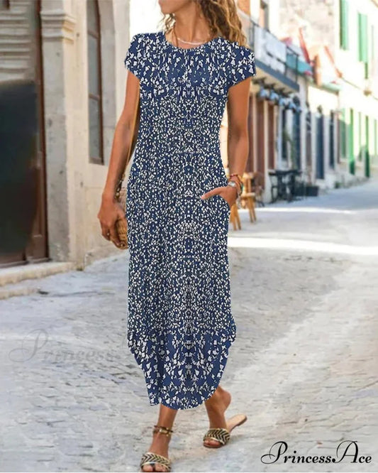 Printed Round Neck Dress Navy blue / S