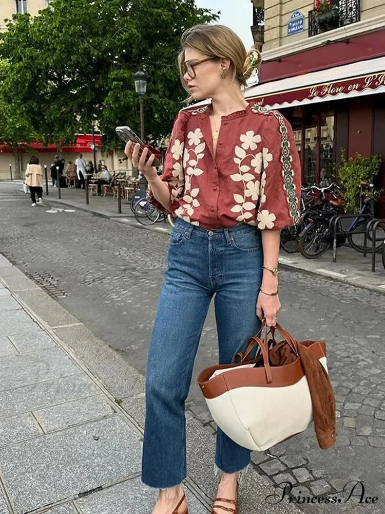 Printed Round Neck Short Sleeve Baggy Blouse blouse-250223