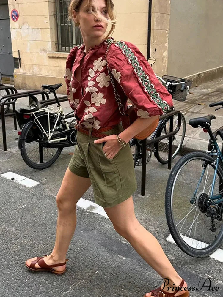 Printed Round Neck Short Sleeve Baggy Blouse blouse-250223