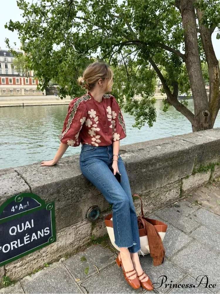 Printed Round Neck Short Sleeve Baggy Blouse blouse-250223