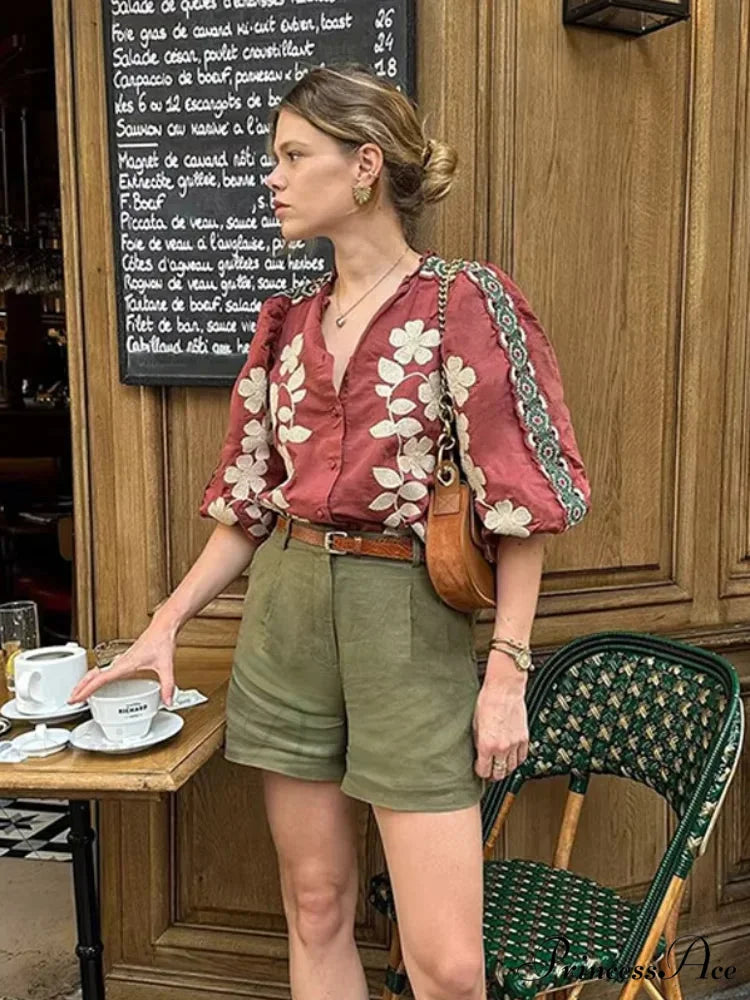 Printed Round Neck Short Sleeve Baggy Blouse blouse-250223