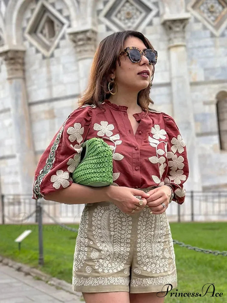 Printed Round Neck Short Sleeve Baggy Blouse dark red / S blouse-250223