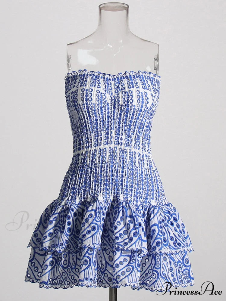 Printed Ruched Stylish Tube Mini Dress Blue / S