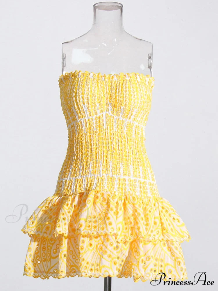 Printed Ruched Stylish Tube Mini Dress Yellow / S