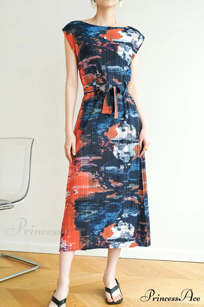 Printed Sleeveless Dress with Side Slit and Full Pleats