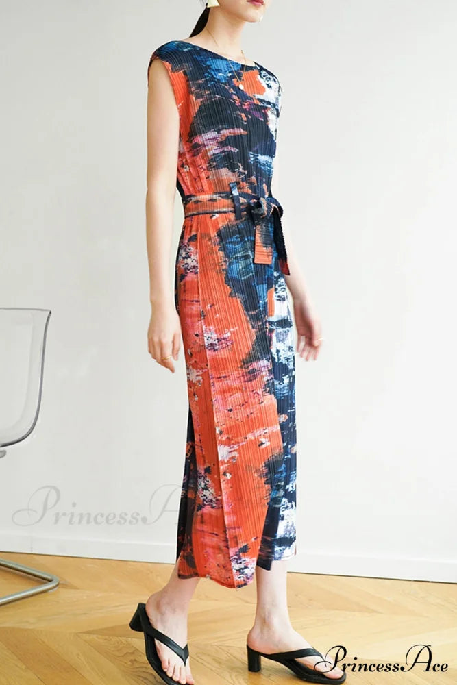 Printed Sleeveless Dress with Side Slit and Full Pleats Red / One Size