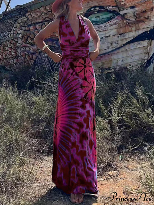 Printed Sleeveless Stylish V-Neck Maxi Dress Red / S