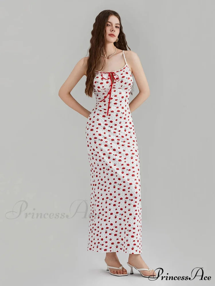 Printed Spaghetti Strap Ribbon Tie-Up Slip Holiday Flower Dress floraldress-250126