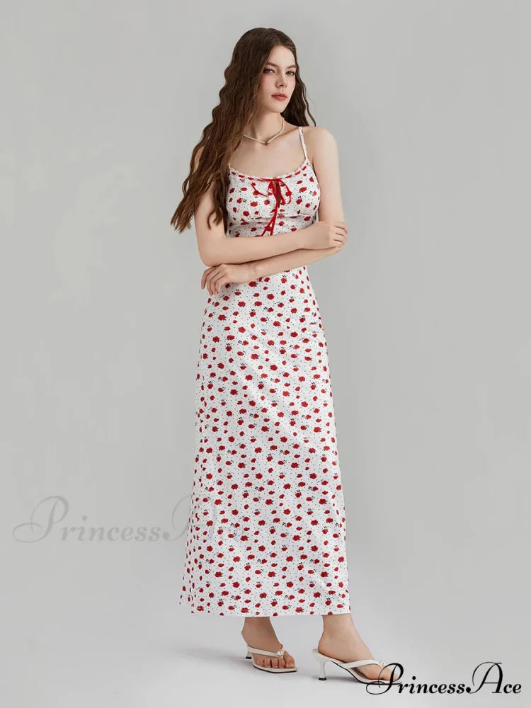 Printed Spaghetti Strap Ribbon Tie-Up Slip Holiday Flower Dress floraldress-250126