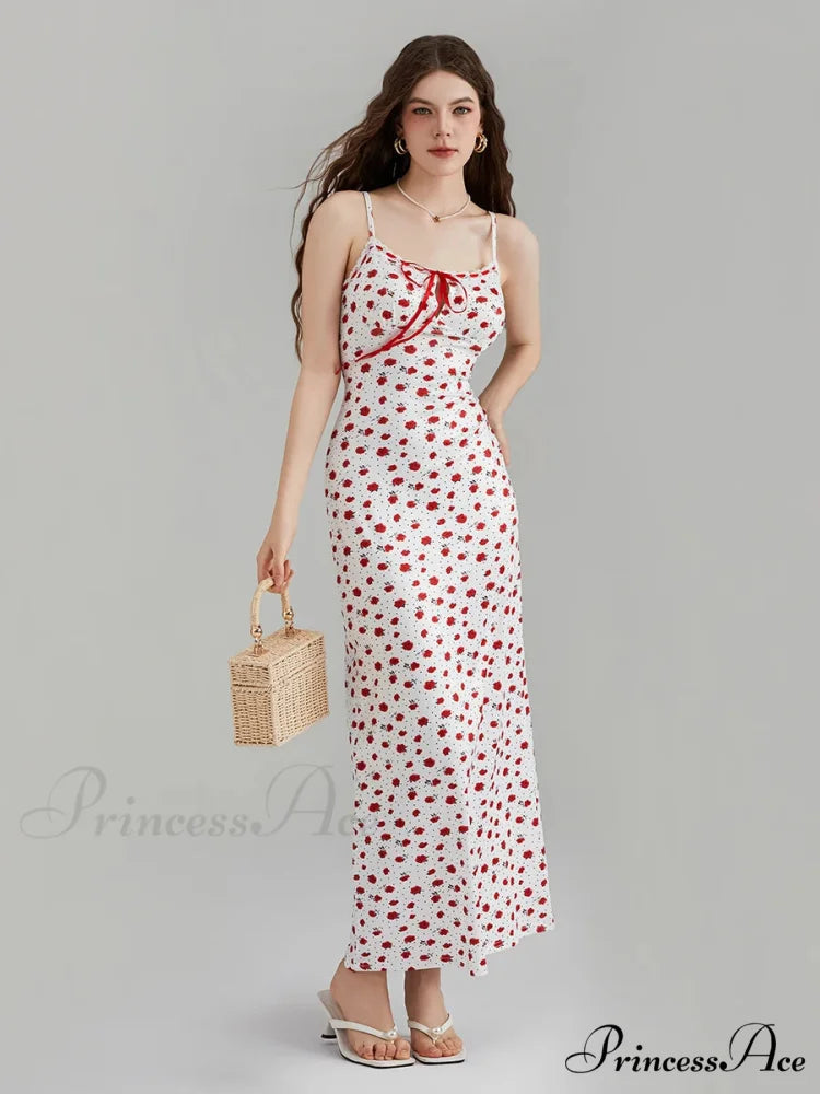 Printed Spaghetti Strap Ribbon Tie-Up Slip Holiday Flower Dress floraldress-250126