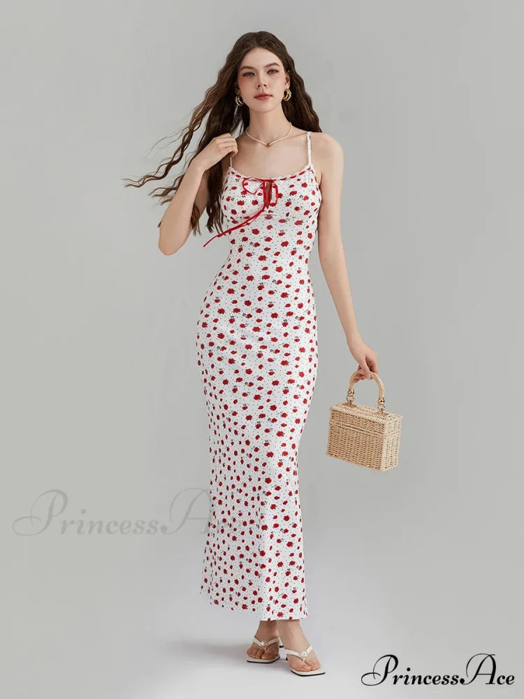 Printed Spaghetti Strap Ribbon Tie-Up Slip Holiday Flower Dress Red / S floraldress-250126
