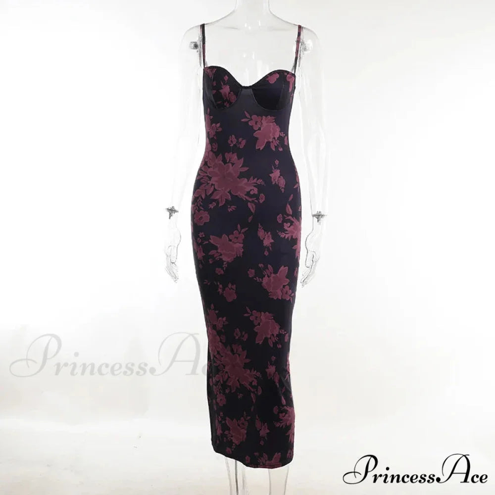 Printed Spaghetti Strap Sleeveless V-neck Backless Bodvcon Summer Lady Party SlimFloral Dress PURPLE / S