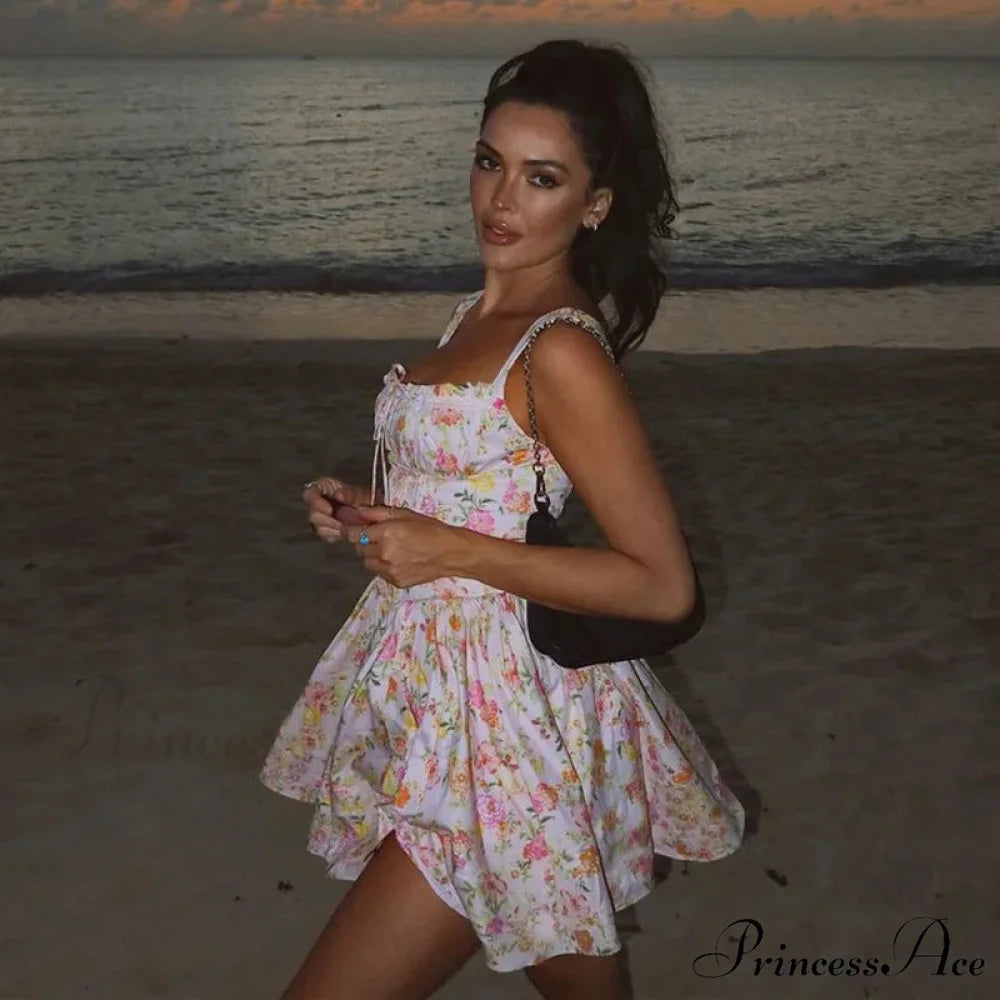 Printed Square Neck Charming Strap Corset Mini Dress