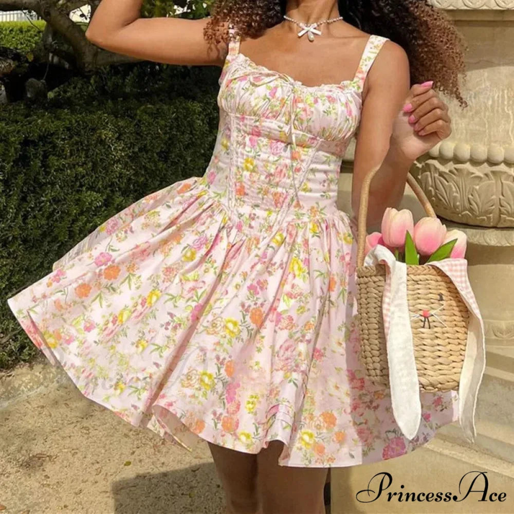 Printed Square Neck Charming Strap Corset Mini Dress