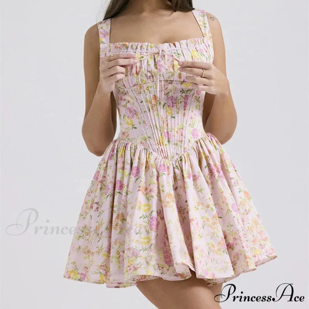 Printed Square Neck Charming Strap Corset Mini Dress