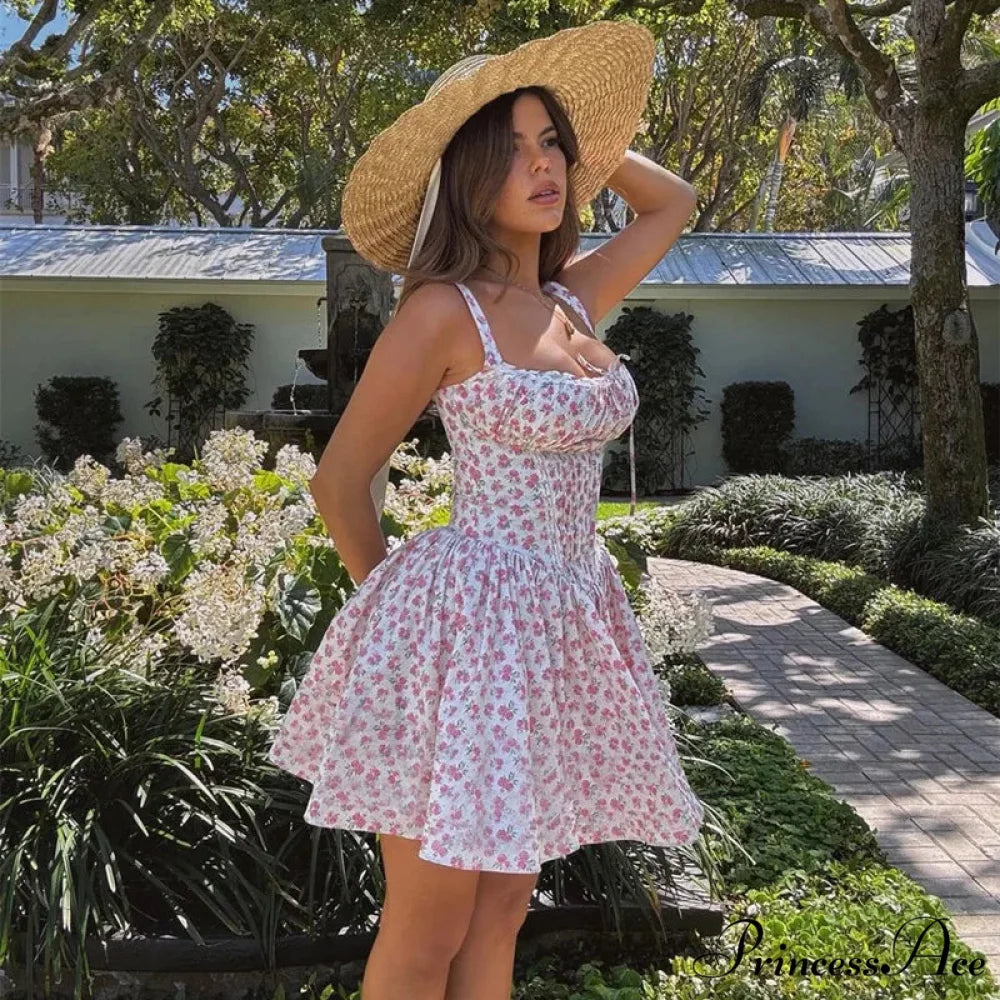 Printed Square Neck Charming Strap Corset Mini Dress