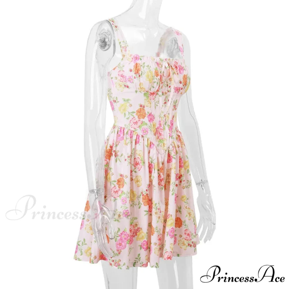 Printed Square Neck Charming Strap Corset Mini Dress