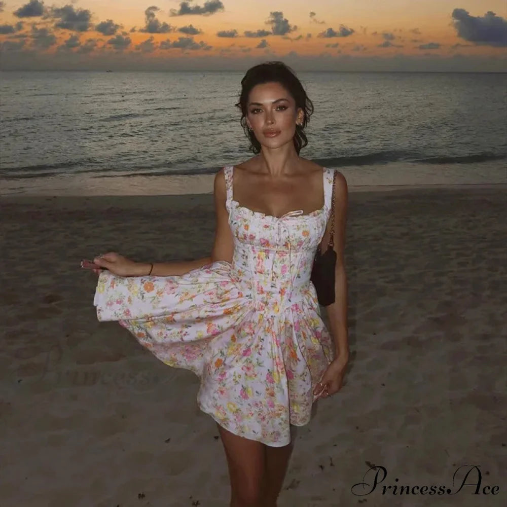 Printed Square Neck Charming Strap Corset Mini Dress