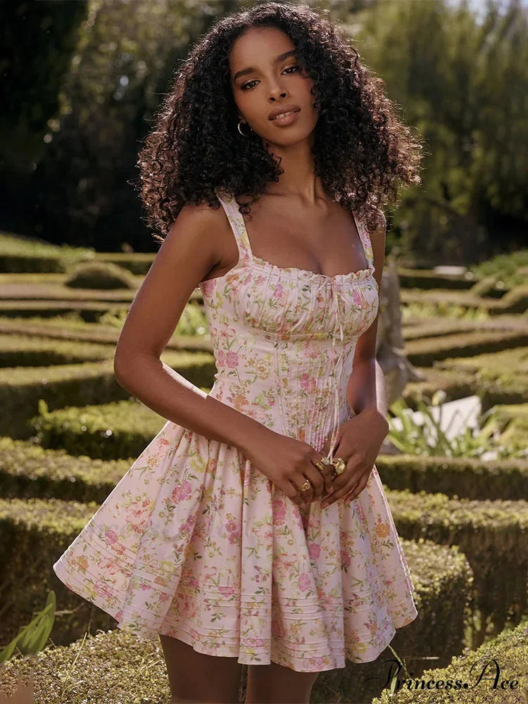 Printed Square Neck Charming Strap Corset Mini Dress Pink / S