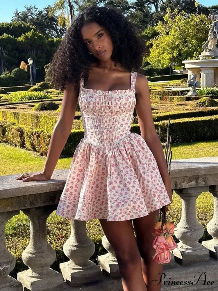 Printed Square Neck Charming Strap Corset Mini Dress White Red / S