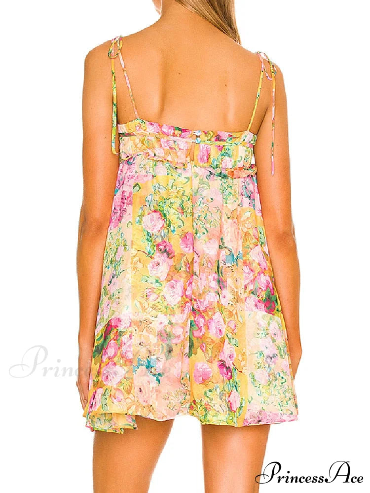 Printed Strap Tie-Up Charming Slip Mini Dress