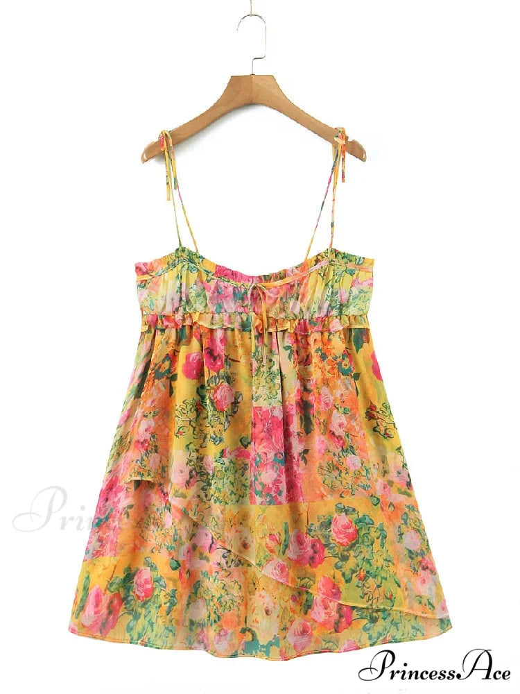 Printed Strap Tie-Up Charming Slip Mini Dress S