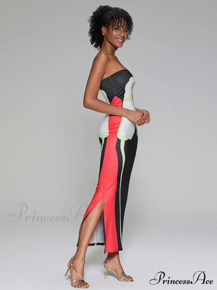 Printed Strapless Side Split Flower Dress floraldress-250126