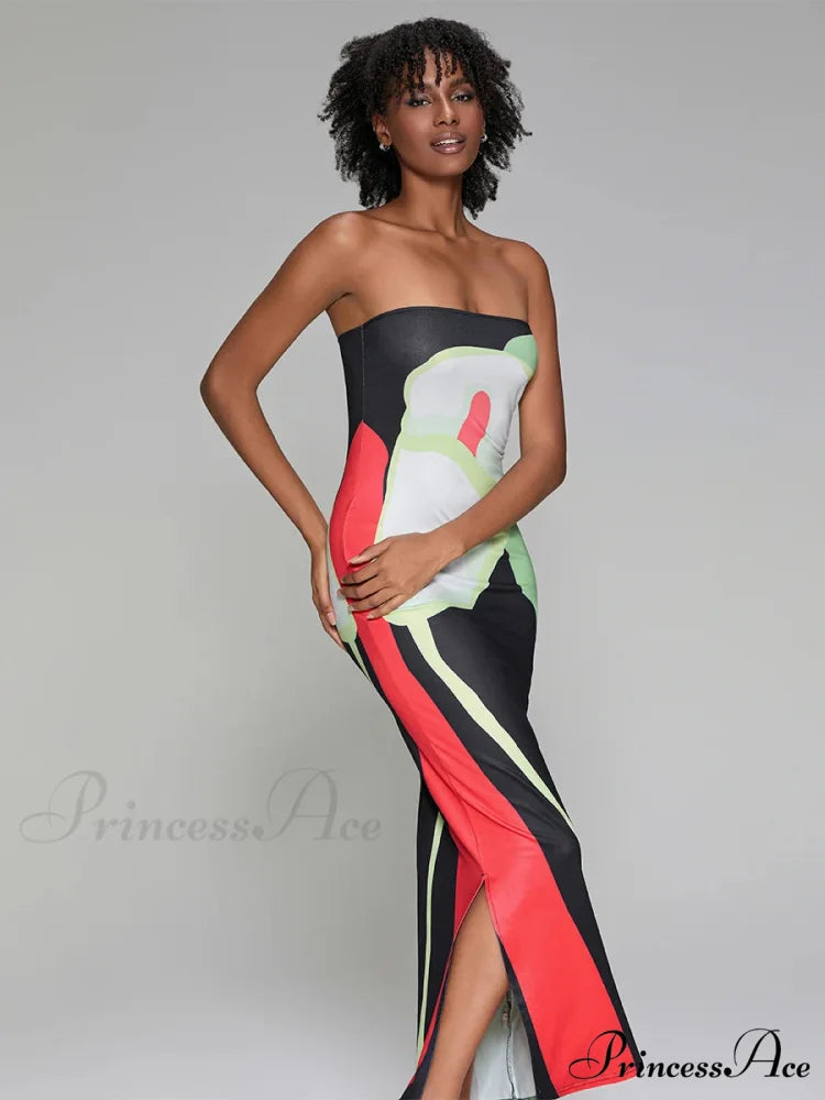 Printed Strapless Side Split Flower Dress floraldress-250126