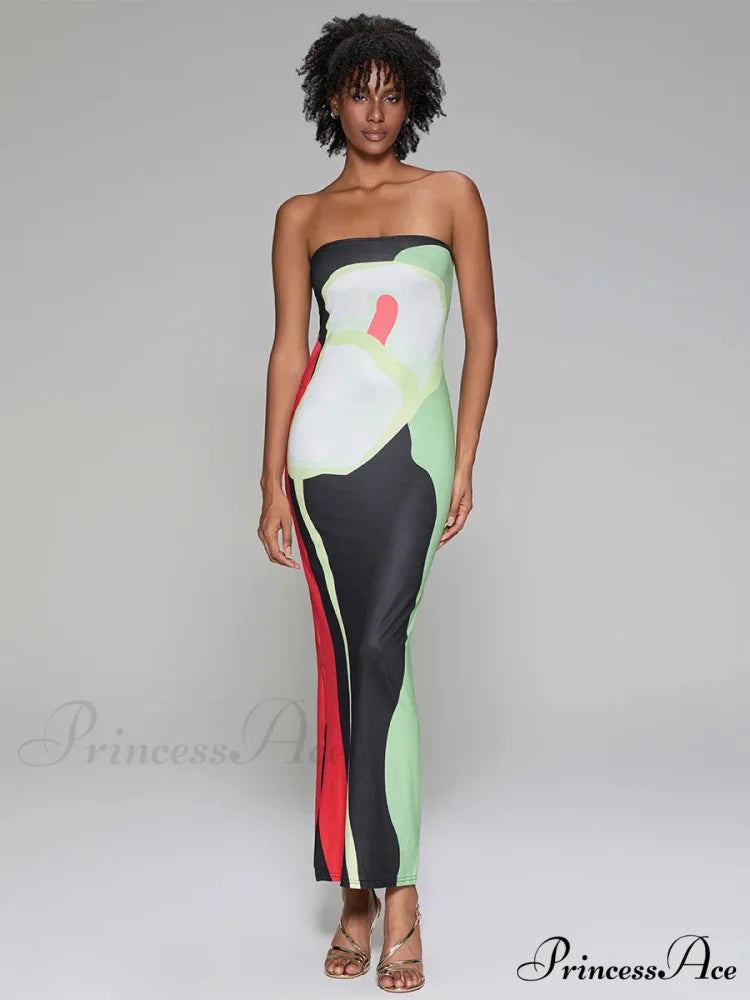 Printed Strapless Side Split Flower Dress floraldress-250126