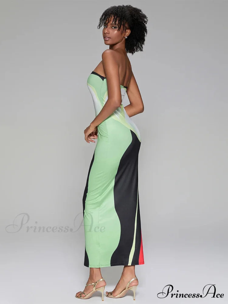 Printed Strapless Side Split Flower Dress floraldress-250126