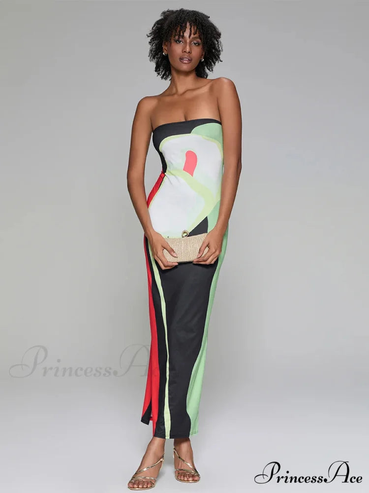 Printed Strapless Side Split Flower Dress floraldress-250126