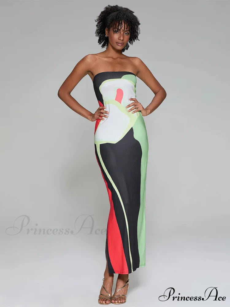 Printed Strapless Side Split Flower Dress Green / S floraldress-250126